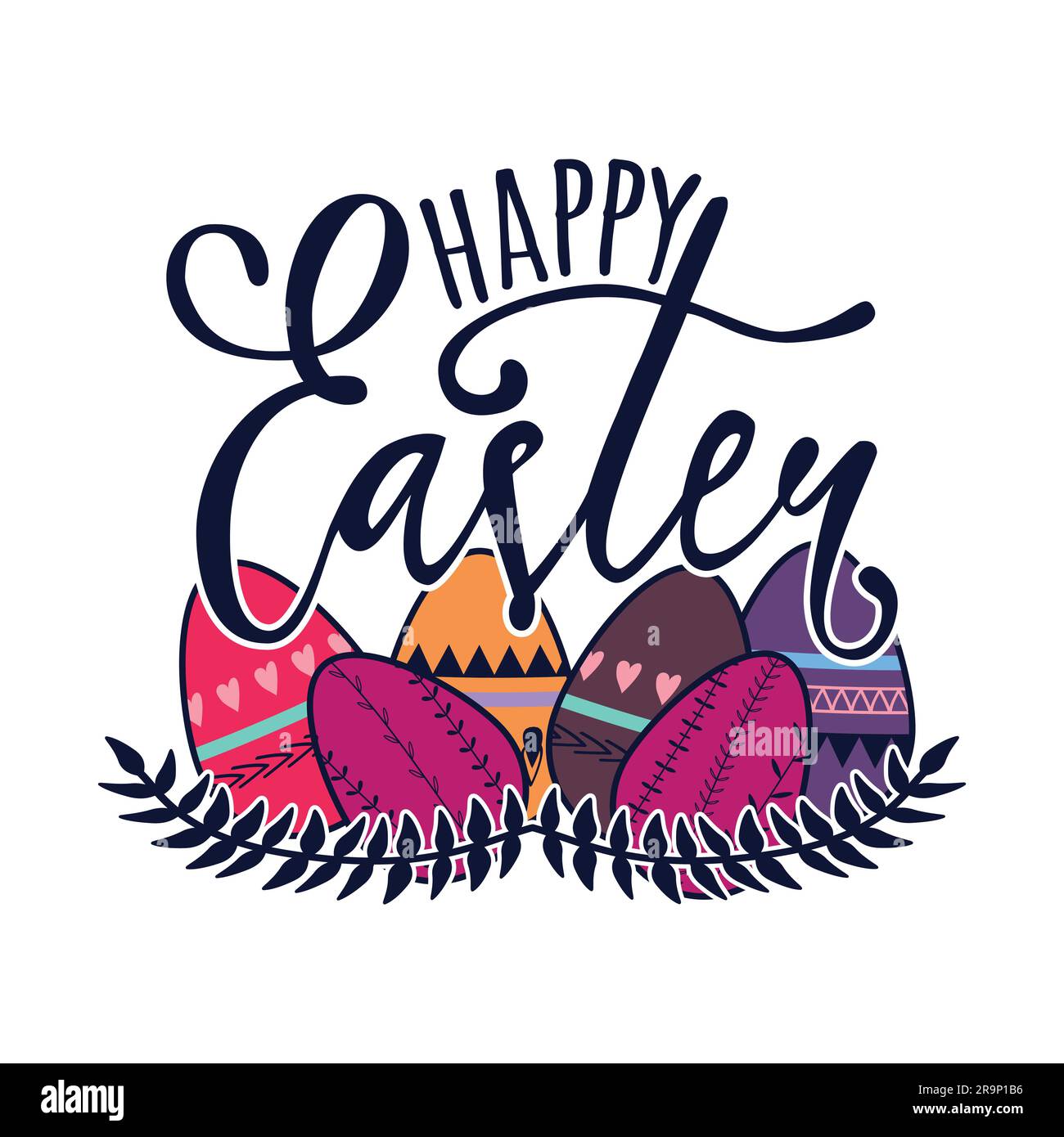 Vector Happy Easter Illustration mit dekorativen Eiern. Grußkarte mit Blumenelementen und Schriftzug. Stock Vektor