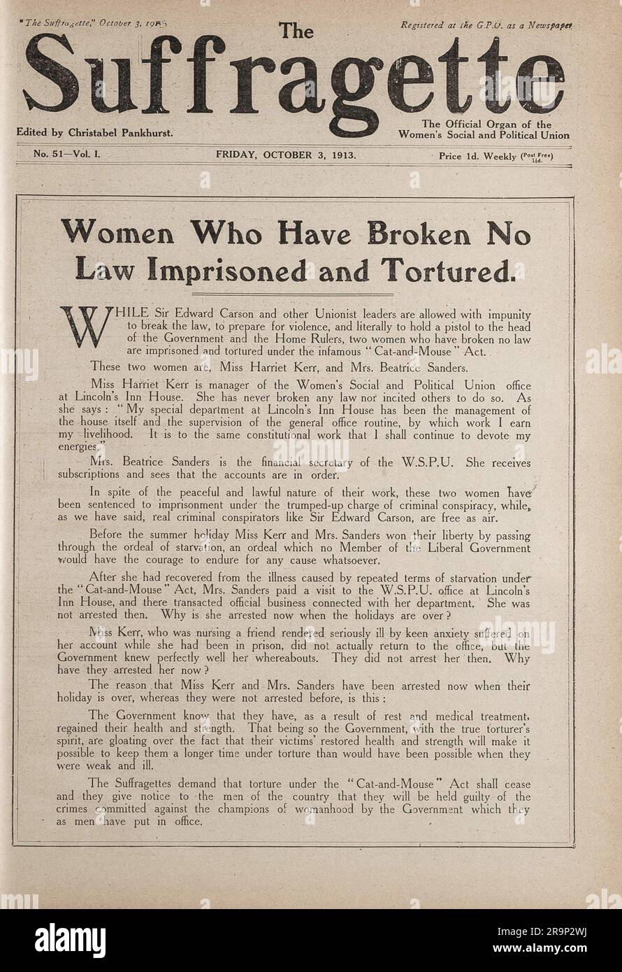 Titelseite der Suffragette, 3. Oktober 1913, über die Verhaftungen von Harriet Kerr und Beatrice Sanders. Stockfoto
