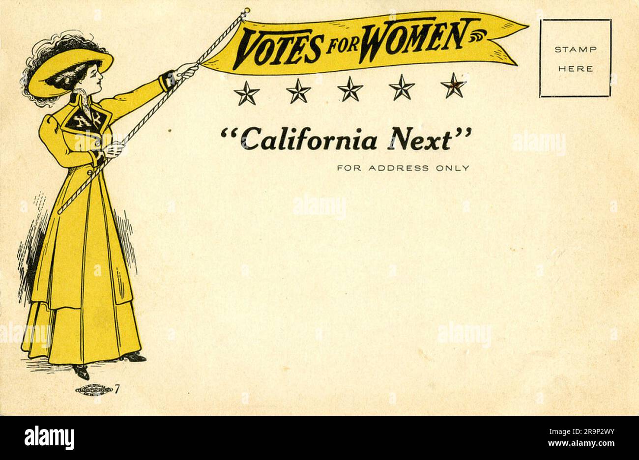 Eine Postkarte, mit dem Text "Votes for Women, California Next". Stockfoto