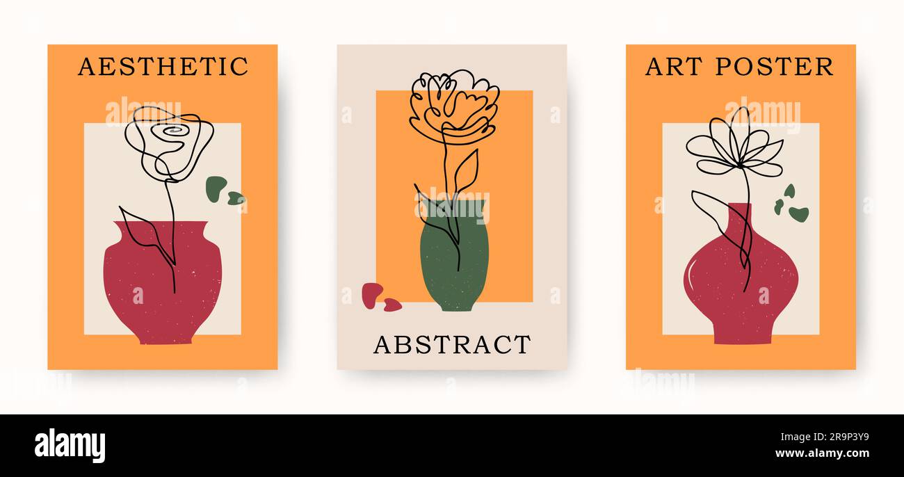 Vektorset mit einer Linie, das abstrakte Blumen in Vasen zeichnet. Handgezeichnete moderne minimalistische Poster für kreatives Logo, Symbol, Emblem, Aufdruck und Wand Stock Vektor