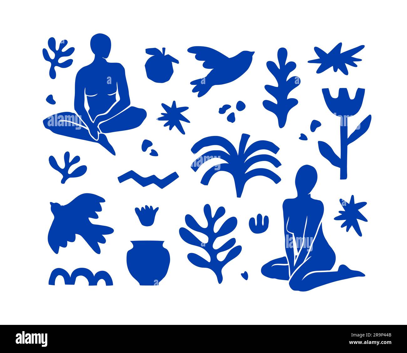 Vector-Set mit trendigen ästhetischen Elementen, inspiriert vom modernen minimalistischen Matisse-Cut-out-Style. Geometrische Formen, Blumen, Pflanzen, weibliche Figuren für Prisma Stock Vektor
