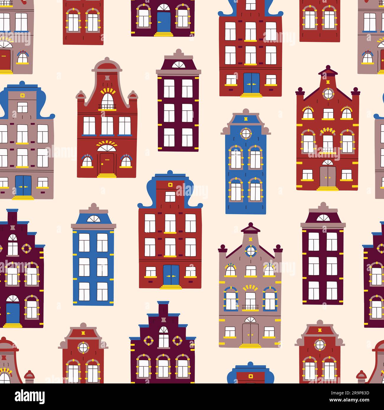 Vektorniedliches nahtloses Muster mit kritzelnden traditionellen Häusern. Vektorhintergrund mit bunten Fassaden alter Gebäude im skandinavischen, trendigen Stil. Stock Vektor