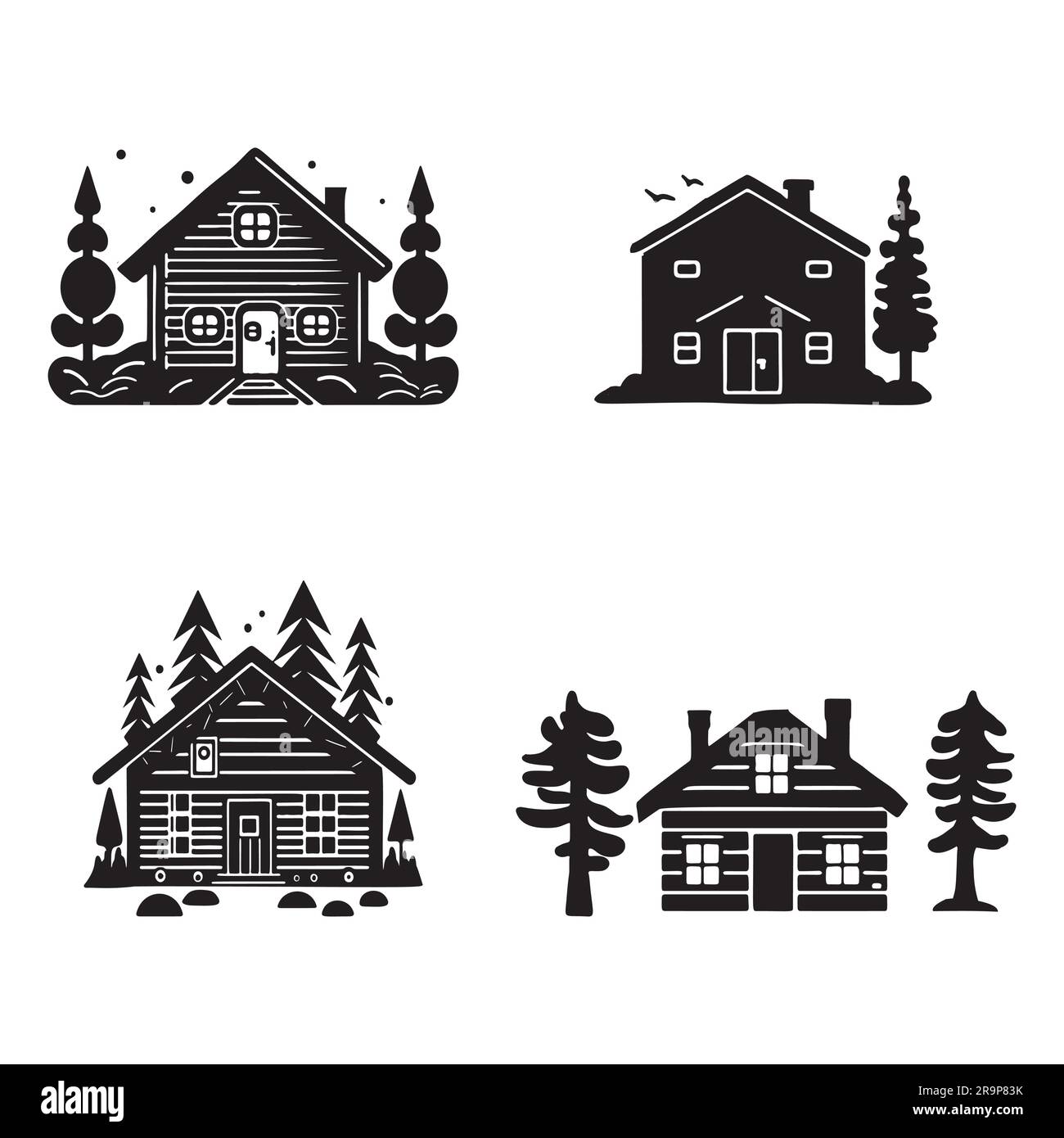 Eine Reihe von Vektordarstellungen für Holzhütten und Tannenbäume. Maskuline Outdoor-Reise im nordischen Linocut-Chalet in skandinavischer Urlaubsgruppe Stock Vektor