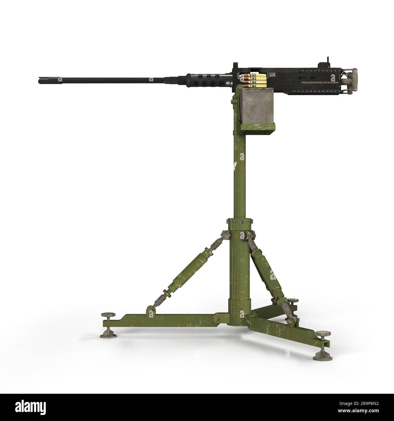 ein 3D-Rendering eines Maschinengewehrs auf einem Stativ auf weißem Hintergrund Stockfoto