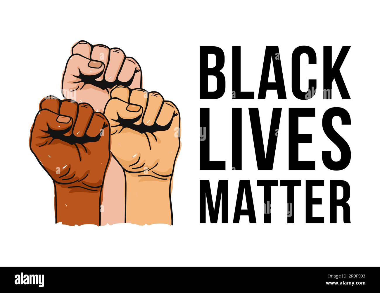 Vektordarstellung von Black Lives Matter Text, geballte Fäuste hoch gehalten in Protest. Hände isoliert hoch. Menschenrechte und Gleichstellungskonzept. Stic Stock Vektor