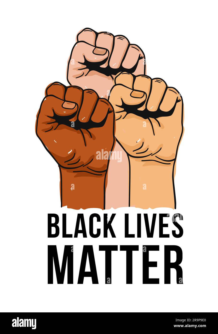 Vektordarstellung von Black Lives Matter Text, geballte Fäuste hoch gehalten in Protest. Hände isoliert hoch. Menschenrechte und Gleichstellungskonzept. Stic Stock Vektor