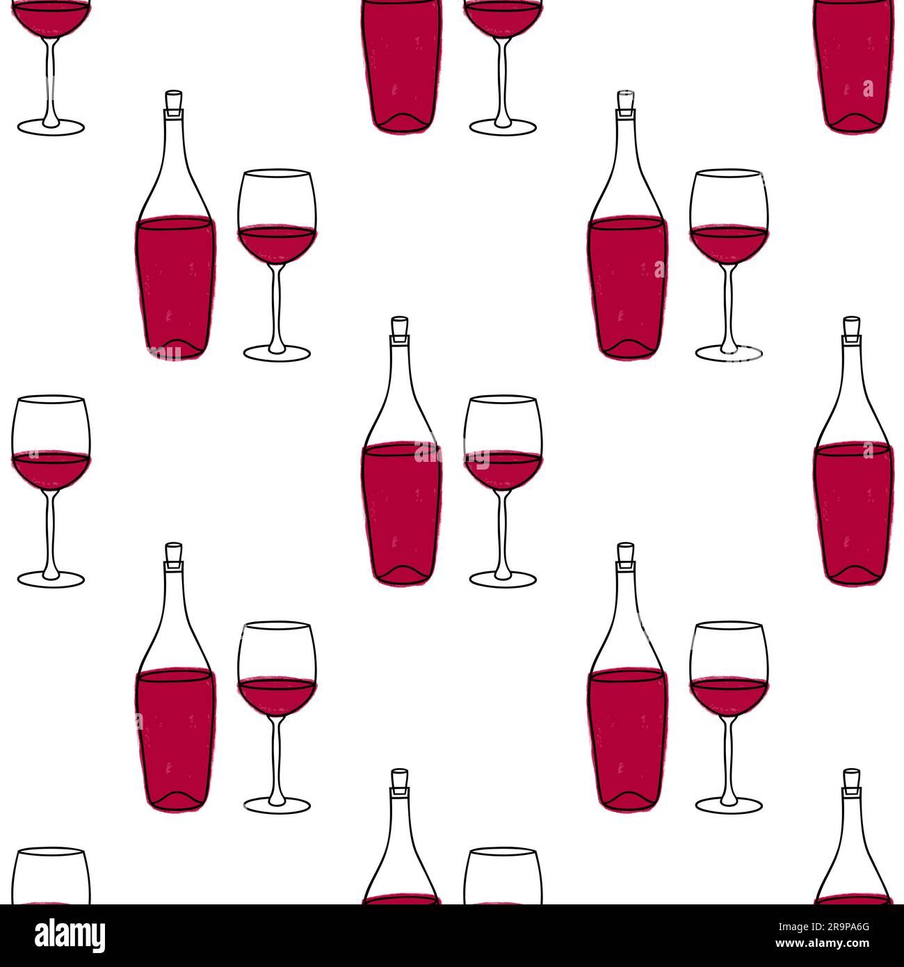 Nahtloses Vektormuster mit Weinflaschen und Gläsern. Hintergrund für Café-, Bar- oder Restaurantmenüs, Weinproben, Weinkarte, Internet, Banner Stock Vektor
