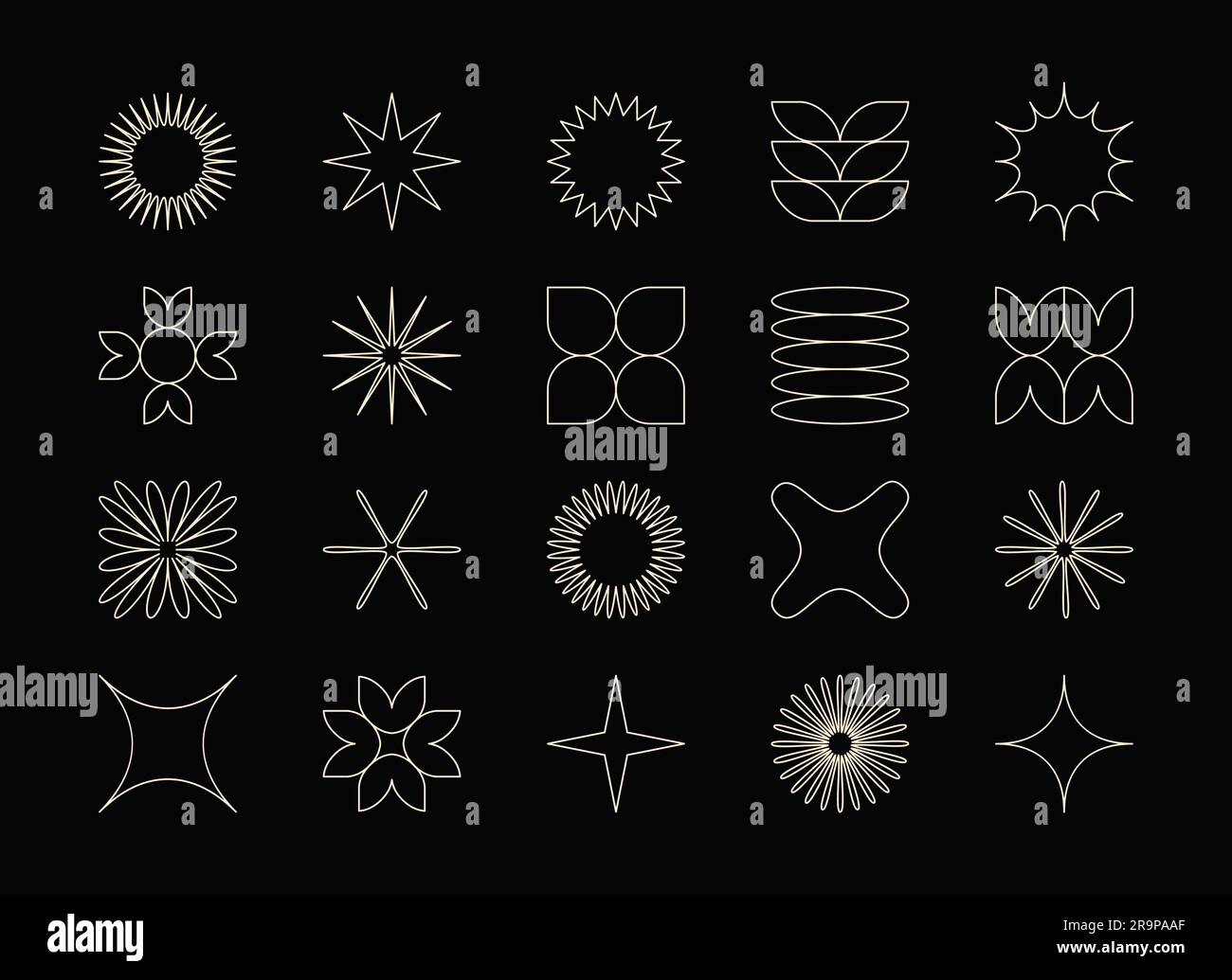 Vektorset abstrakter minimalistischer geometrischer Elemente. Zeitgenössisch einfache Zickzackformen, Kurven, Linien, Dreiecke, Kreise für Symbole, Logo, Stock Vektor