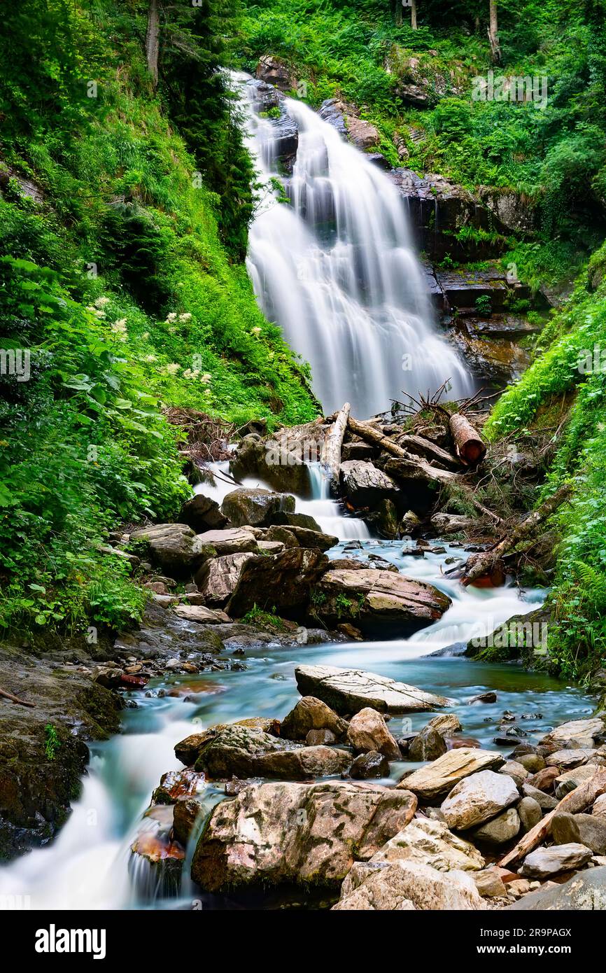Wasserfall Kaskade auf Bergfelsen. Ein Bergwasserfall fließt über die Felsen. Blick auf den Wasserfall des tiefen Regenwaldes. Stockfoto