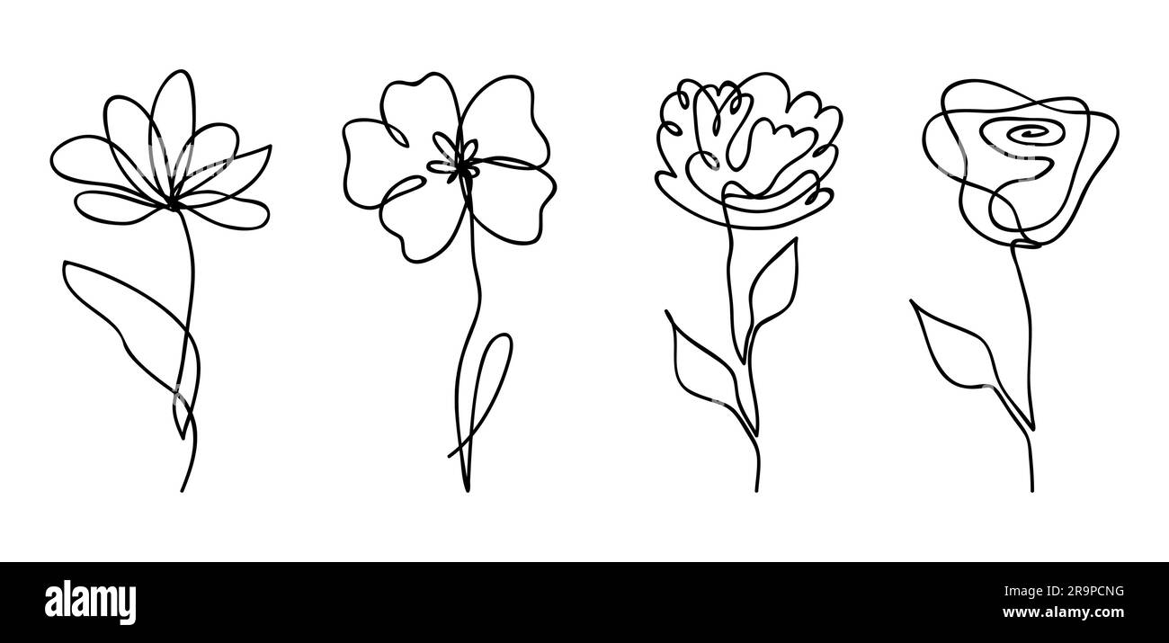 Vektorset einer Linie, in der abstrakte Blumen gezeichnet werden. Handgezeichnetes, modernes minimalistisches Design für kreatives Logo, Symbol oder Emblem Stock Vektor