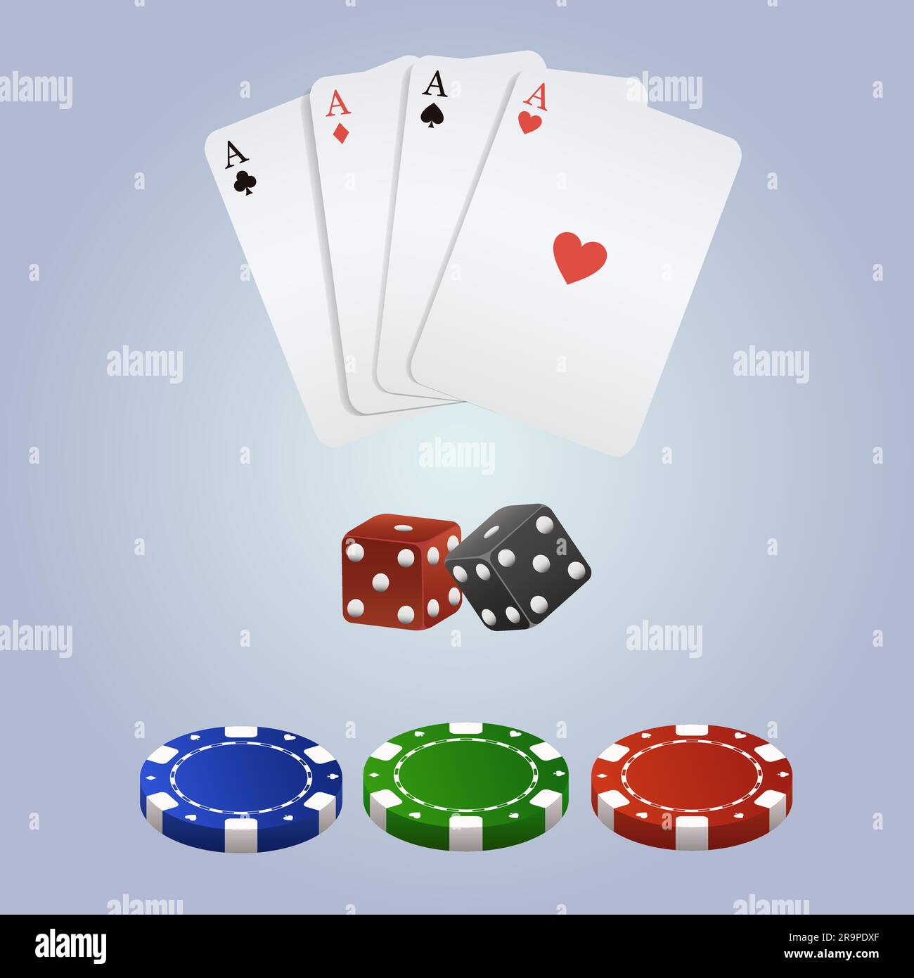 Vektorpoker-Set mit Spielkarten, Würfeln und Chips Stock Vektor