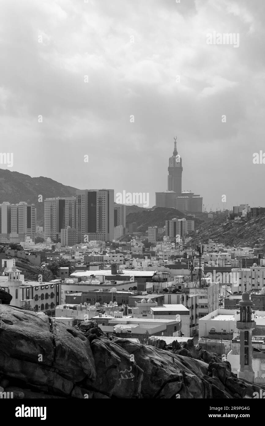 Die Skyline von Mekka City aus den Bergen Stockfoto