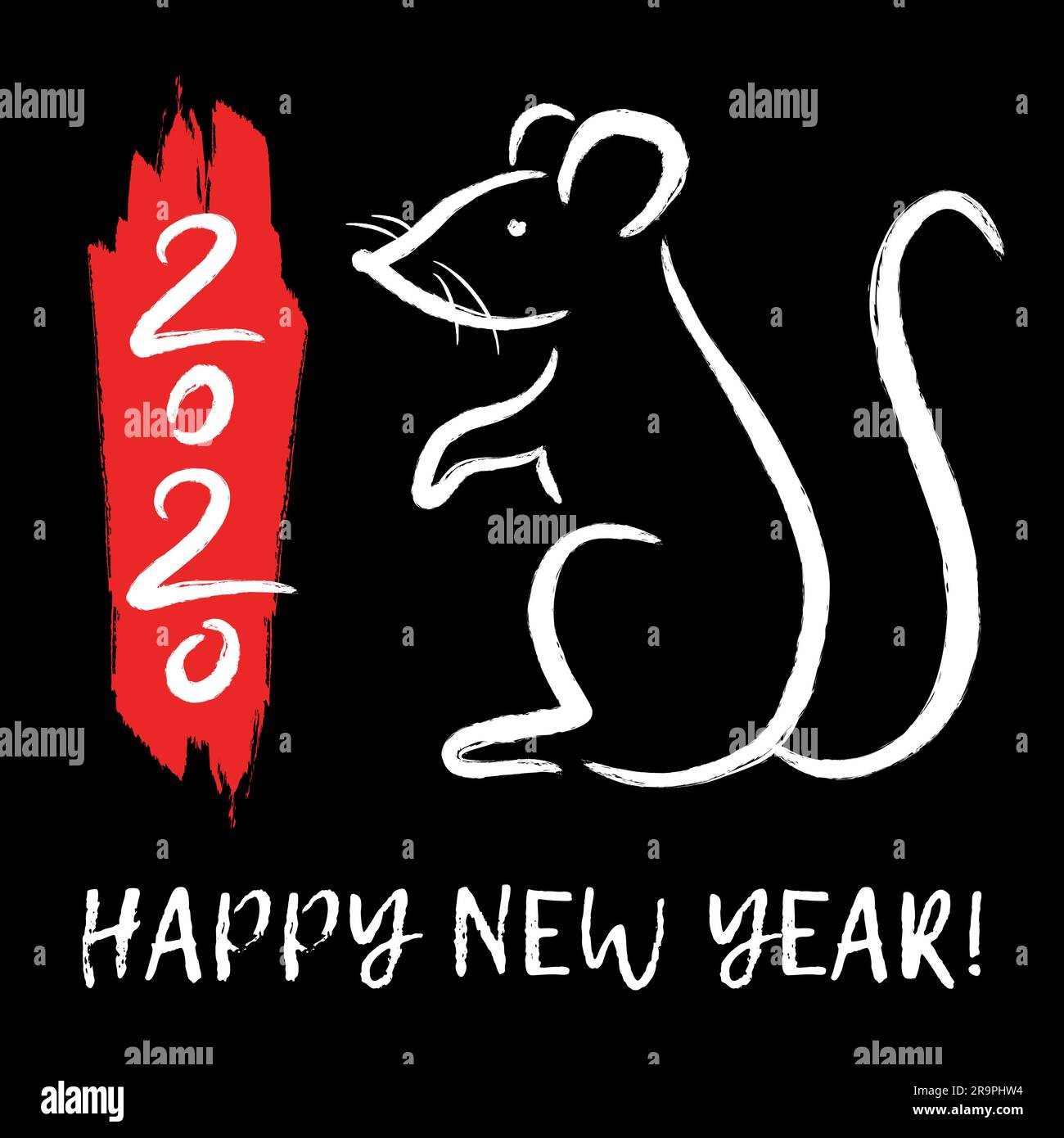 Vektordarstellung mit chinesischem Zodiac-Zeichen - Ratte. Dekorative Maus - Symbol für frohes Neujahr 2020. Trendige Grußkarte, Poster, Banner Stock Vektor