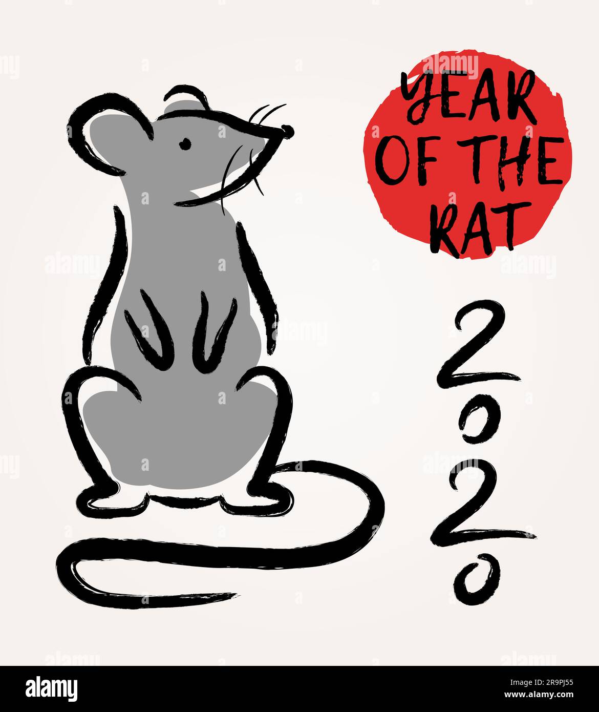 Vektordarstellung mit chinesischem Zodiac-Zeichen - Ratte. Dekorative Maus - Symbol für frohes Neujahr 2020. Trendige Grußkarte, Poster, Banner Stock Vektor