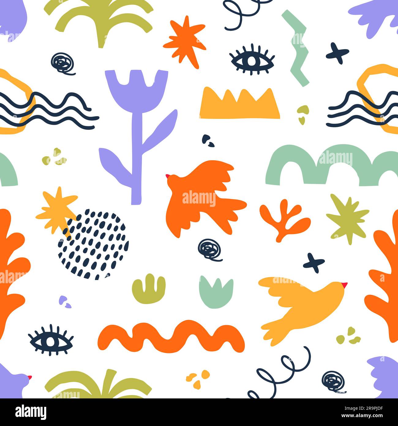 Nahtloses Vektormuster mit abstrakten geometrischen Formen im ästhetischen Matisse-Stil. Kreative handgezeichnete moderne Doodle-Elemente: Blumen, Pflanzen, Stock Vektor