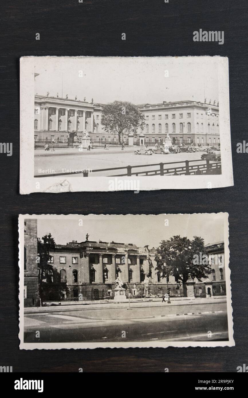 Alte Fotos der Berliner Universität 1930er und die Ruine dieses Gebäudes nach WW2 im Jahr 1945. Stockfoto