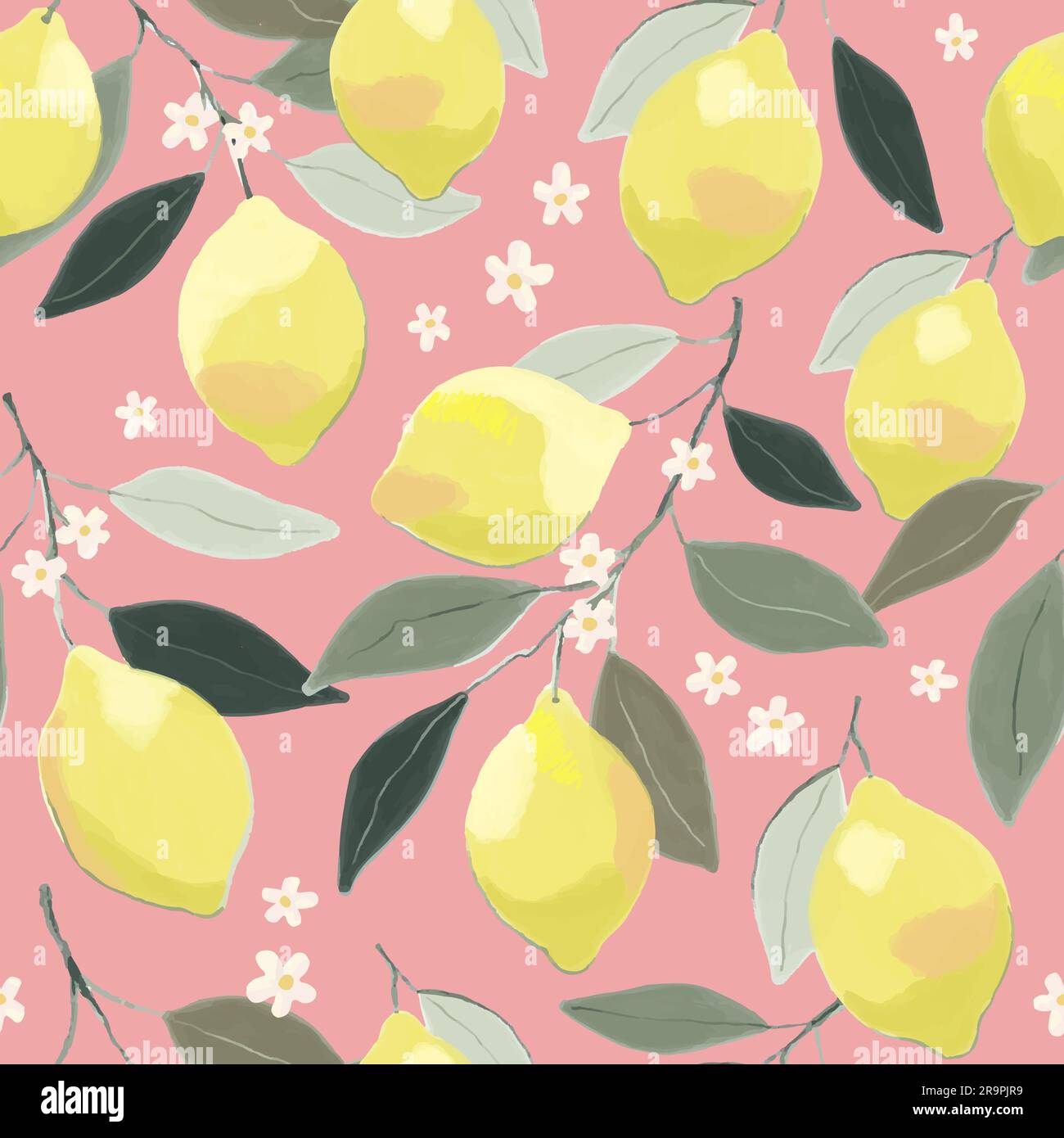 Zitronenblütenmuster. Handgezeichneter Ast mit reifen Zitronen und Blättern und Blumen auf pinkfarbenem Hintergrund. Vektordarstellung Stock Vektor
