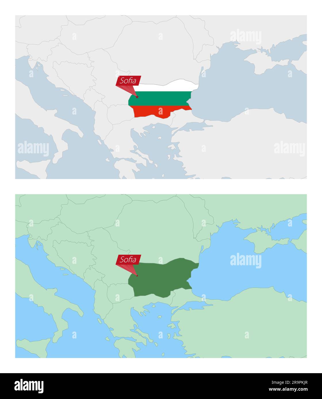 Karte Bulgariens mit Pin der Landeshauptstadt. Es gibt zwei Arten von
