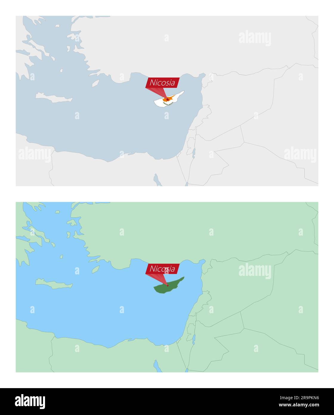 Zypern Karte mit Pin der Landeshauptstadt. Zwei Arten von Zypernkarten mit Nachbarländern. Vektorvorlage. Stock Vektor