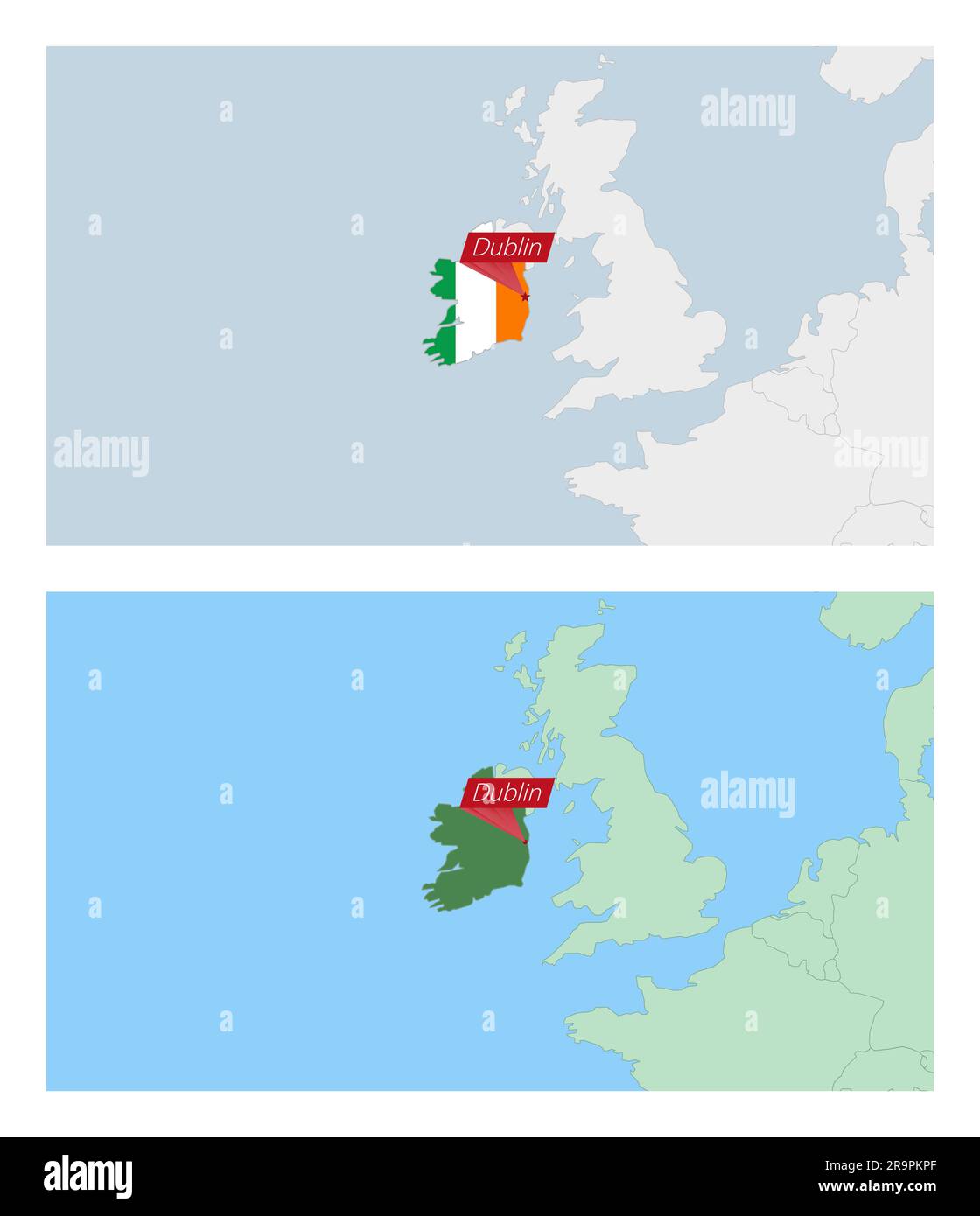 Karte Irlands mit Pin der Landeshauptstadt. Zwei Arten von Irland weisen Nachbarländer auf. Vektorvorlage. Stock Vektor
