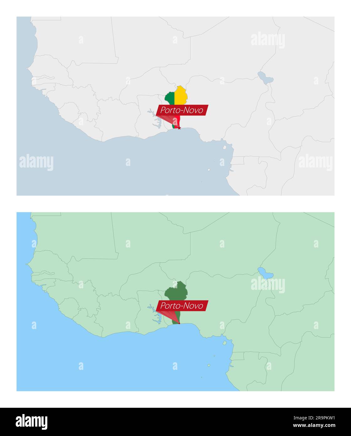 BeninKarte mit Anstecknadel der Landeshauptstadt. Zwei Arten von Benin
