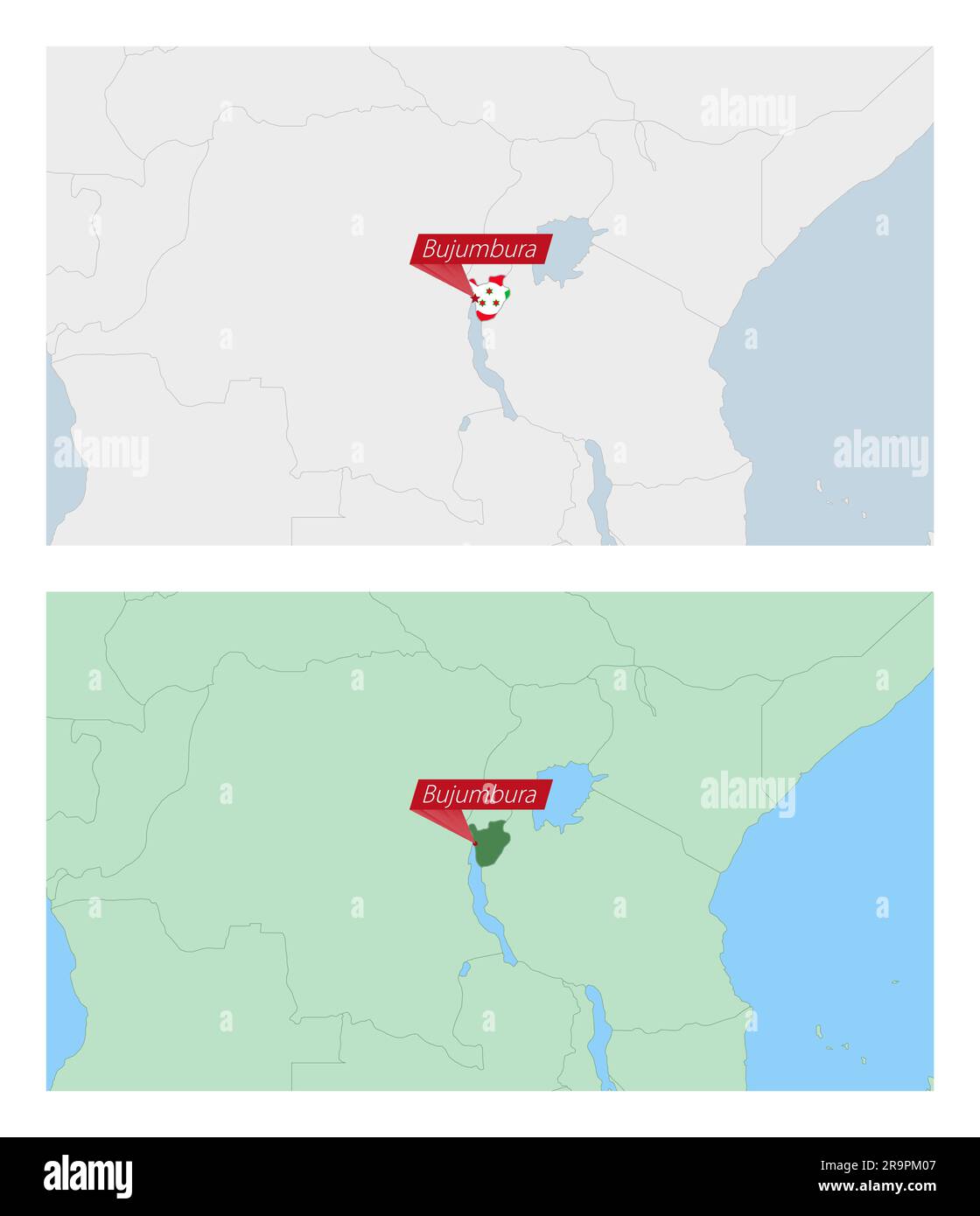 Burundi-Karte mit Landhauptstadt. Zwei Arten von Burundi-Karte mit Nachbarländern. Vektorvorlage. Stock Vektor