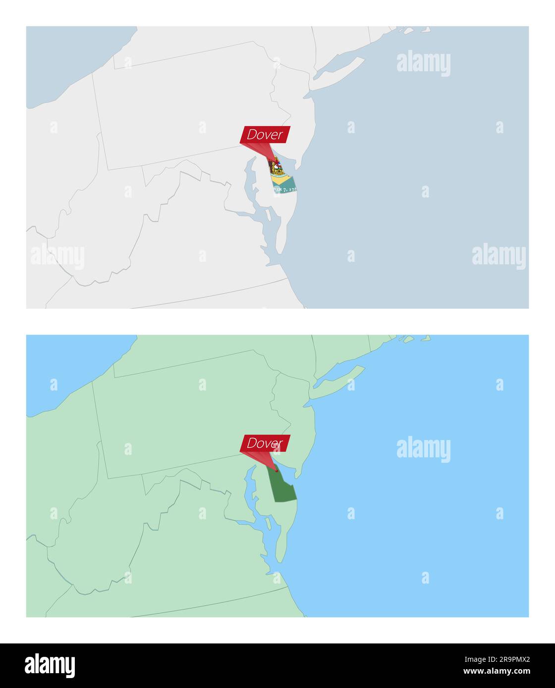 Karte von Delaware mit Landhauptstadt. Zwei Arten von Delaware Karten mit Nachbarländern. Vektorvorlage. Stock Vektor
