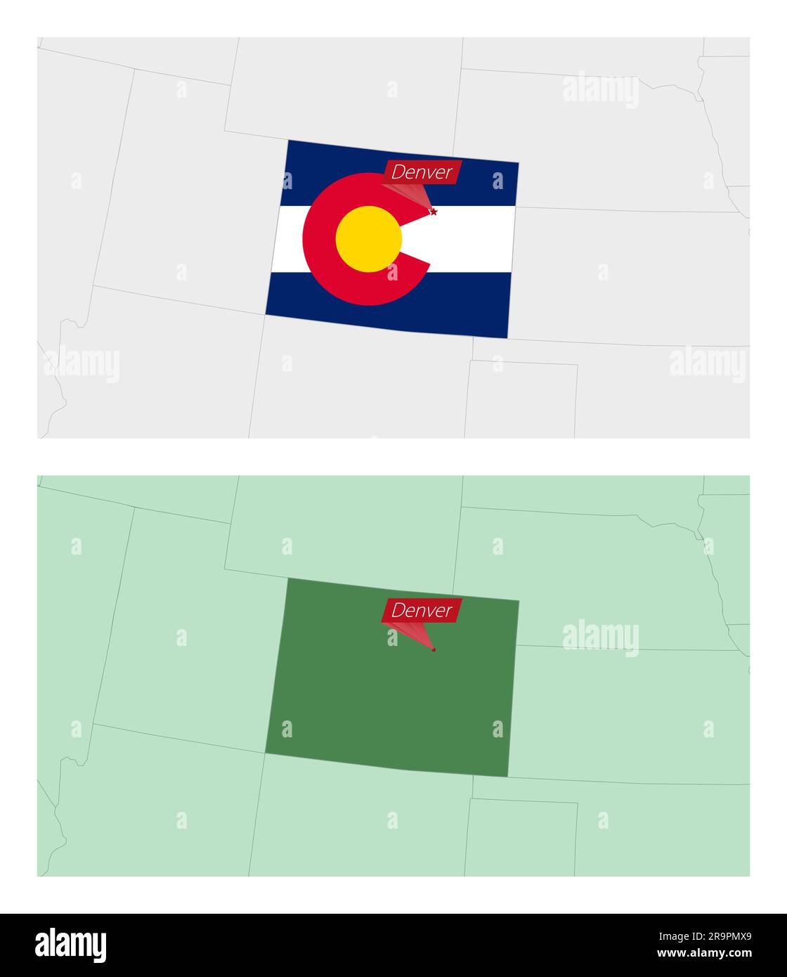Colorado-Karte mit Anstecknadel der Landeshauptstadt. Zwei Arten von Colorado Karten mit Nachbarländern. Vektorvorlage. Stock Vektor