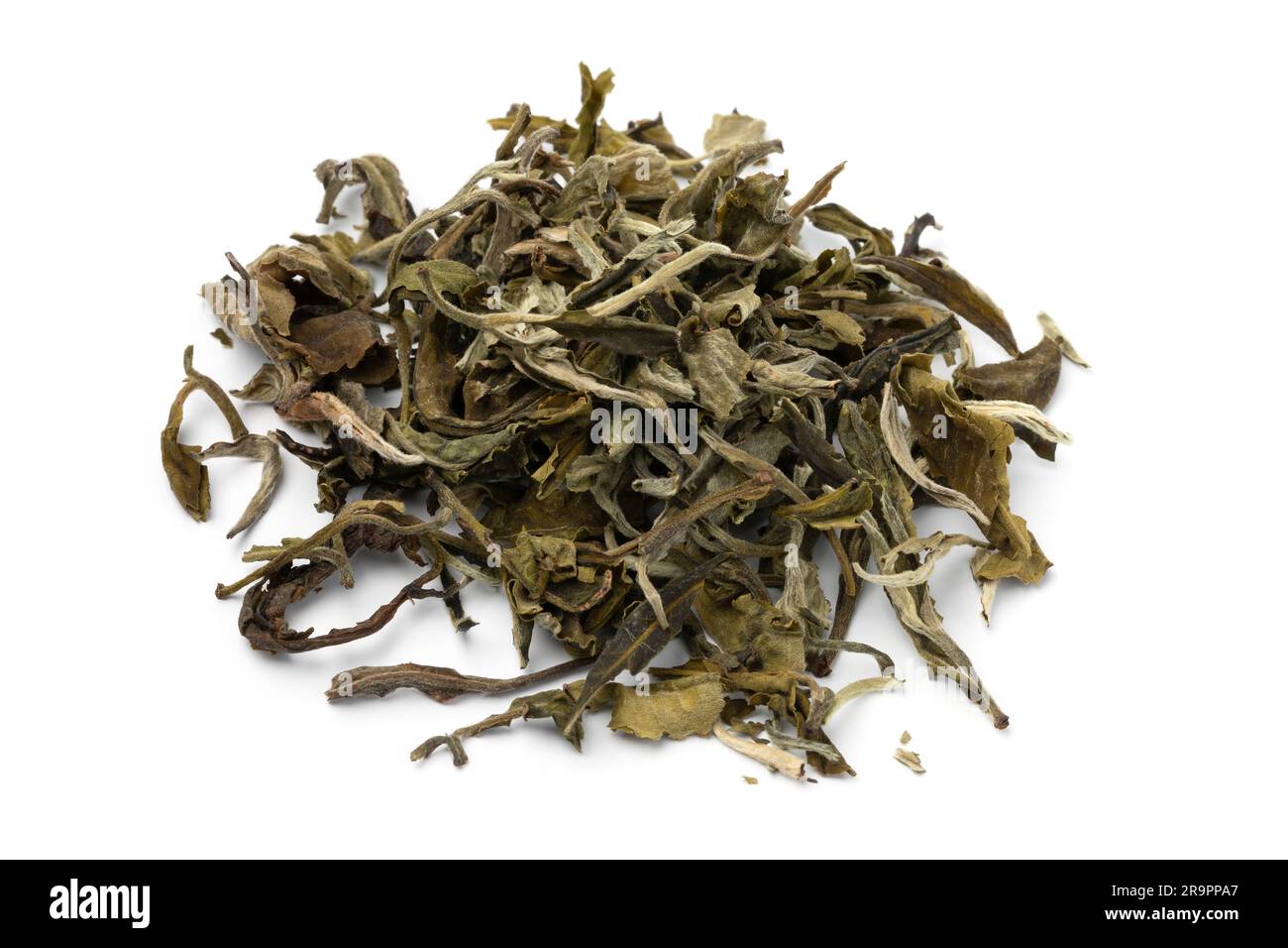 Haufen getrockneter chinesischer Schneeknospen Teeblätter isoliert auf weißem Hintergrund aus nächster Nähe Stockfoto