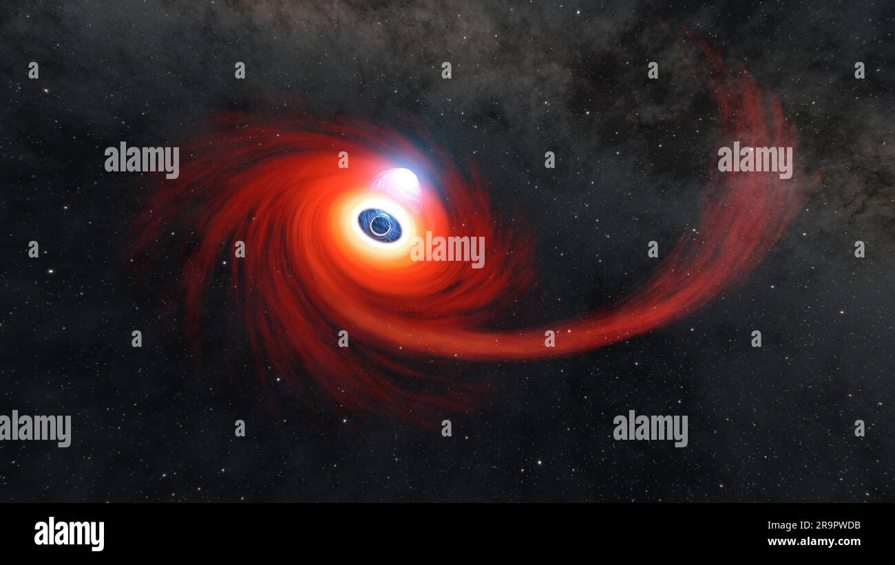 Die Abbildung zeigt einen Stern, der von einem schwarzen Loch auseinandergezogen wird und eine Scheibe aus heißem Gas bildet. Material, das näher am schwarzen Loch liegt, erwärmt sich, während das heißeste Gas eine Korona bildet. Einige Gezeitenunterbrechungen erzeugen Jets an den Polen. AT2021ehb ist die erste beobachtete TDE-Corona ohne Jets. Stockfoto