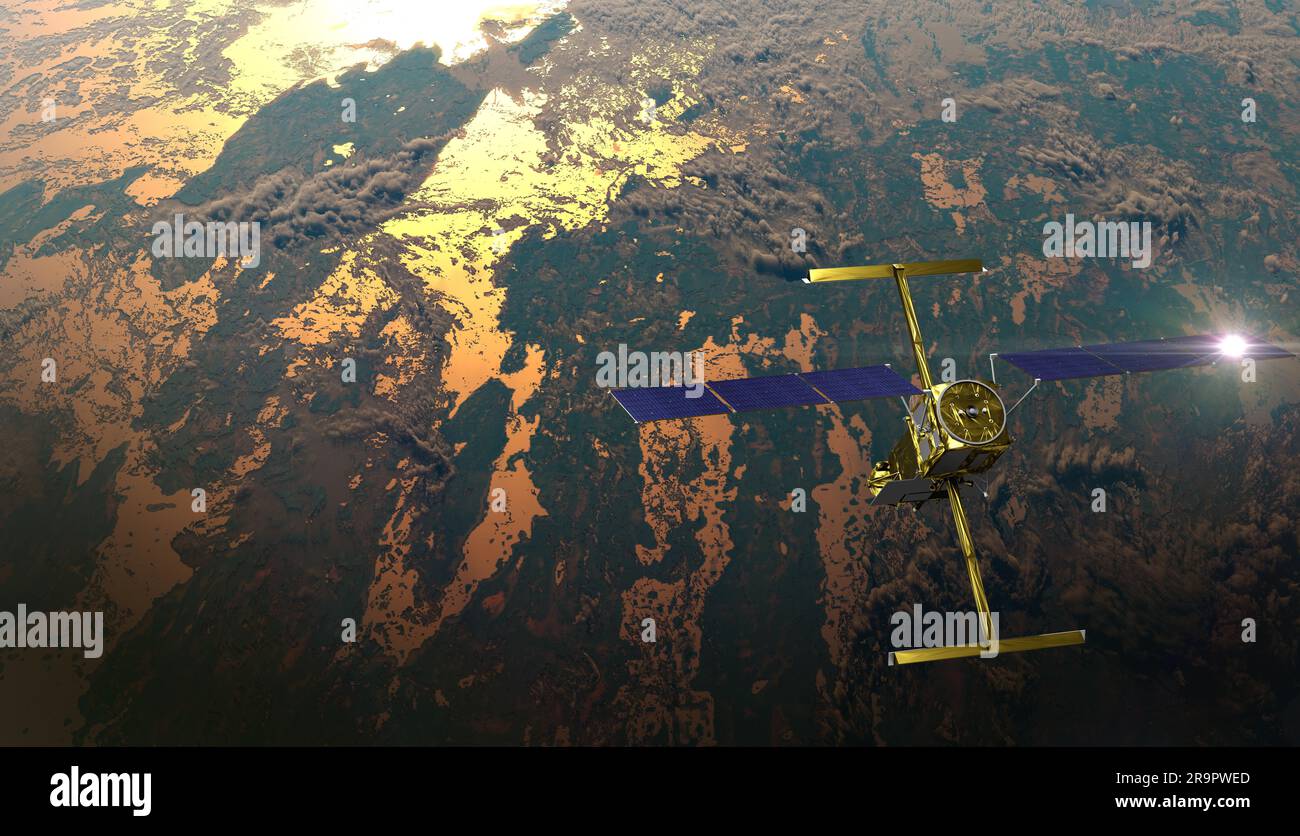 Der SWOT-Satellit umkreist die Erde und zeigt Sonnenlicht auf seinen Solaranlagen und erweiterten Karin-Antennen an. Eine gemeinsame Mission der NASA und des CNES mit Beiträgen der CSA und der britischen Raumfahrtbehörde SWOT wird über 90% der Erdoberfläche untersuchen und Wasserhöhen in Seen, Flüssen, Stauseen und Ozeanen mithilfe von Radarimpulsen von Karins Antennen auf einem 10-Meter-Boom und einer 50 Kilometer langen Schwade messen. Stockfoto