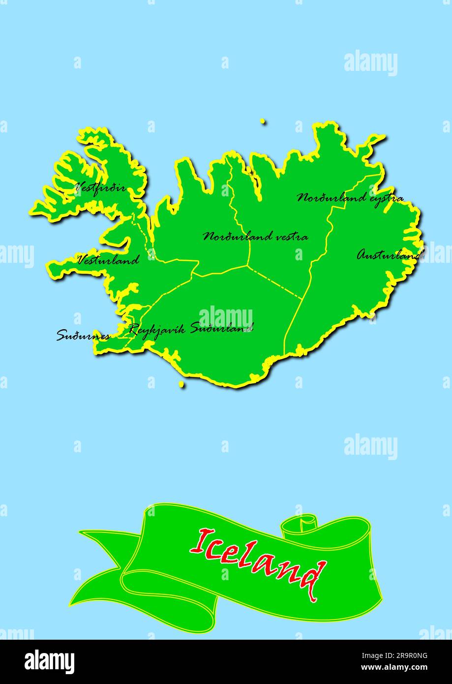 Karte von Island mit Unterregionen in Grün Ländername in Rot Stockfoto