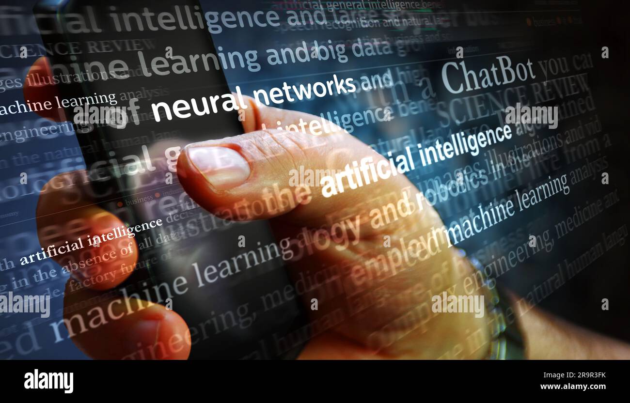 Künstliche Intelligenz, maschinelles Lernen und neuronale Netzwerke. Schlagzeilen Titel Internationale Medien abstraktes Konzept 3D Illustration. Stockfoto