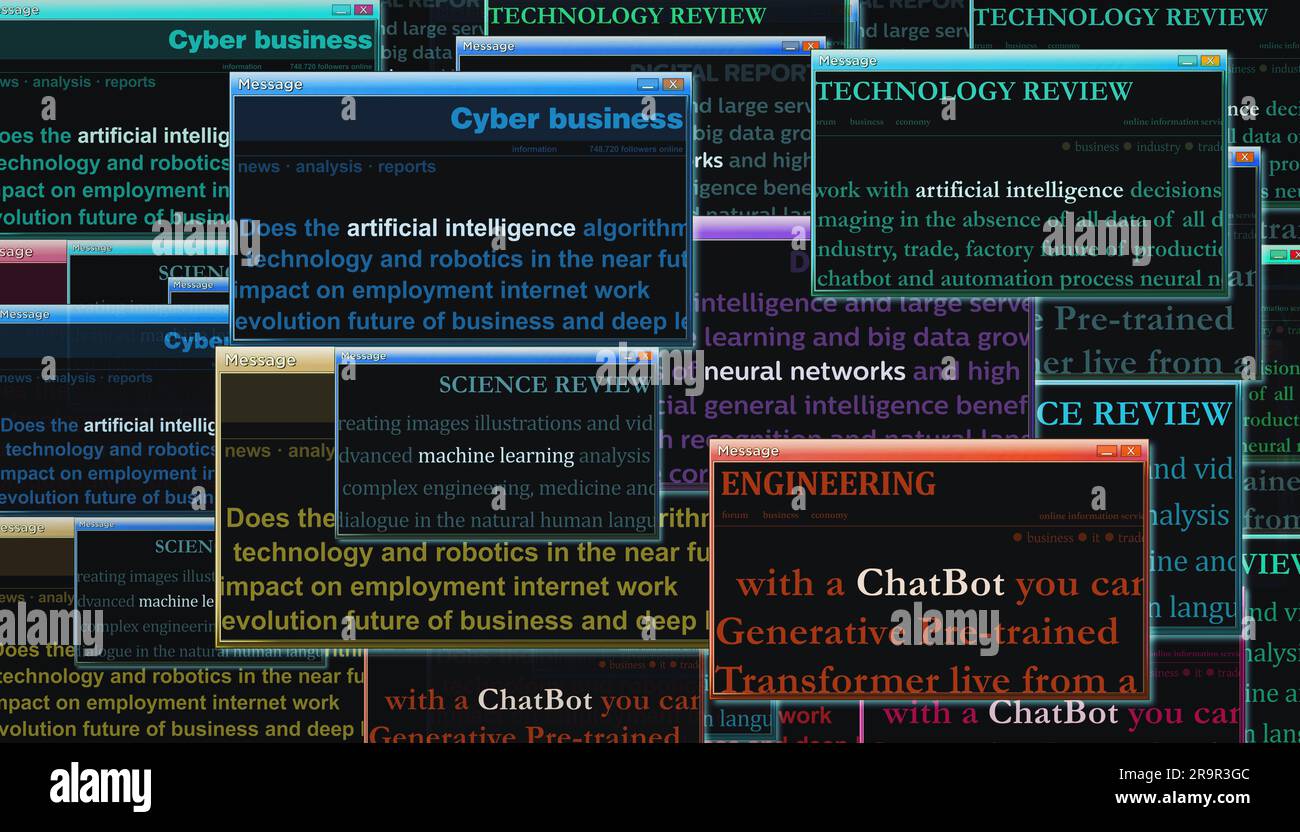 Künstliche Intelligenz, maschinelles Lernen und neuronale Netzwerke. Schlagzeilen Titel Internationale Medien abstraktes Konzept 3D Illustration. Stockfoto