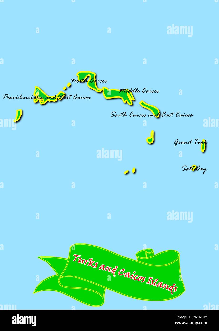 Karte der Turks- und Caicosinseln mit Unterregionen im grünen Ländernamen in Rot Stockfoto