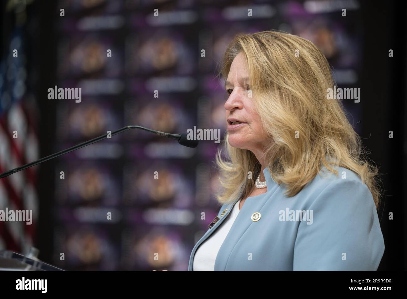 Smithsonian unter Sekretärin Ellen Stofan sprach am ersten Tag der Ausgabe für die USPS-Marke zu Ehren des James Webb Space Telescope. Der Stempel zeigt eine Illustration von JWST und erkennt seine Mission an, das Sonnensystem zu erforschen, Exoplaneten zu erforschen und die Struktur und Ursprünge des Universums zu analysieren. Stockfoto