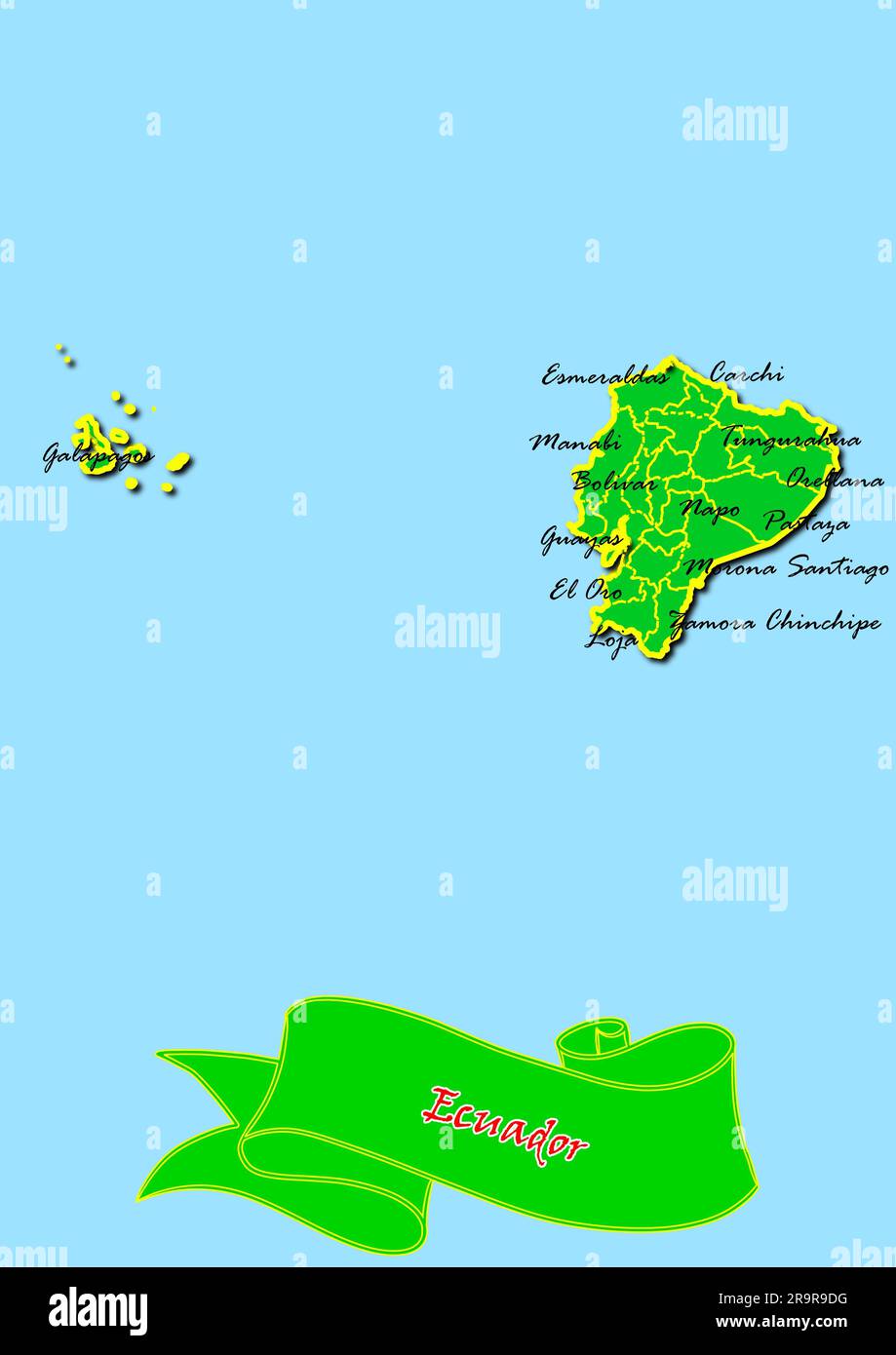 Karte von Ecuador mit Unterregionen in Grün Ländername in Rot Stockfoto