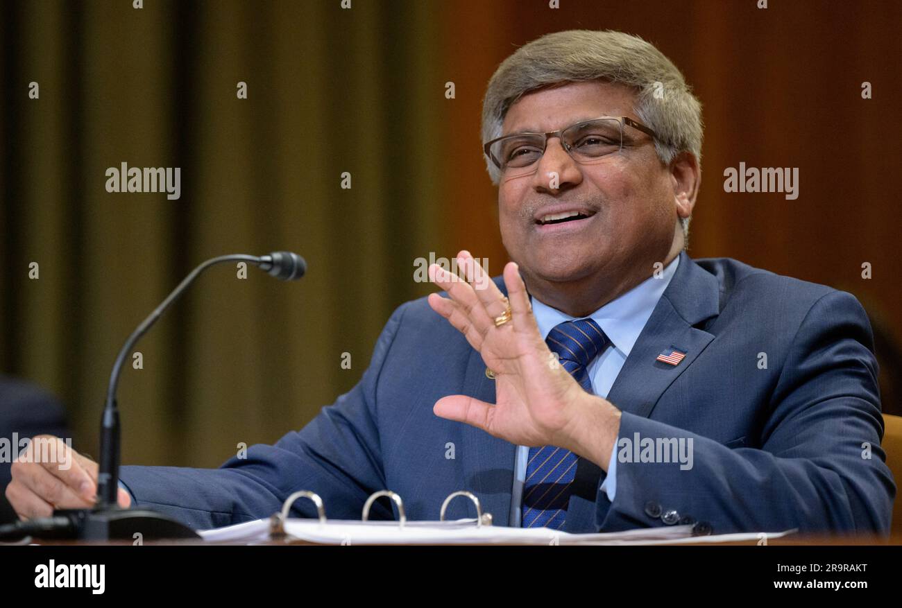 Sethuraman Panchanathan, Direktor der National Science Foundation, sagte vor dem Unterausschuss der Senate Appropriations’ Commerce, Justice, Science and Related Agencies während einer Haushaltsanhörung am 18. April 2023 im Dirksen Senate Office Building in Washington, D.C. aus Stockfoto
