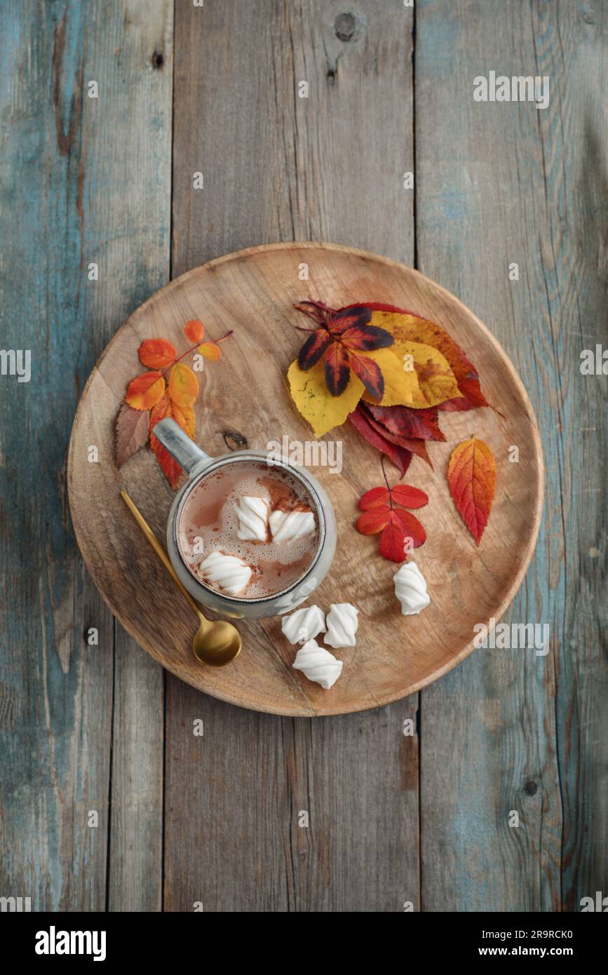 Tasse köstlicher heißer Kakao mit Marshmallow und bunten Blättern im Herbst auf rundem Holztablett auf Holzhintergrund, Blick von oben Stockfoto