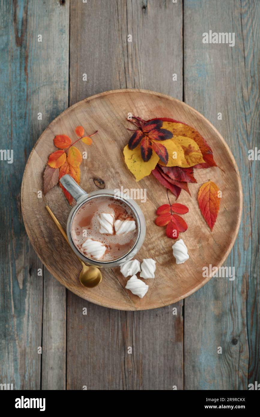 Tasse köstlicher heißer Kakao mit Marshmallow und bunten Blättern im Herbst auf rundem Holztablett auf Holzhintergrund, Blick von oben Stockfoto