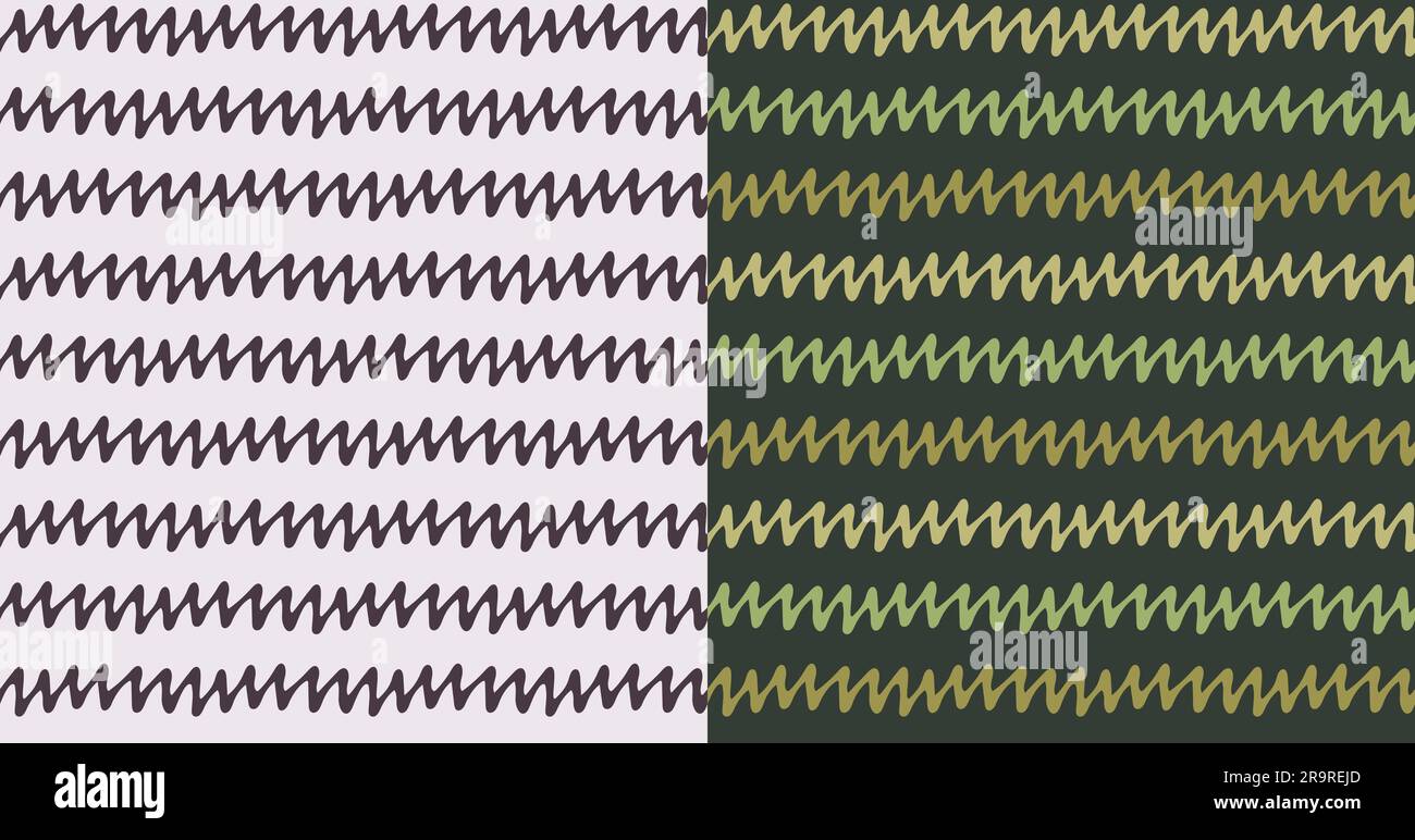 Gekritzelte Linie, nahtloses Zickzack-Muster, 2-Set. Handgezeichneter Kritzelstil, Markierungslinie, Pinselstrich. Graugrüne Farbpalette Stock Vektor
