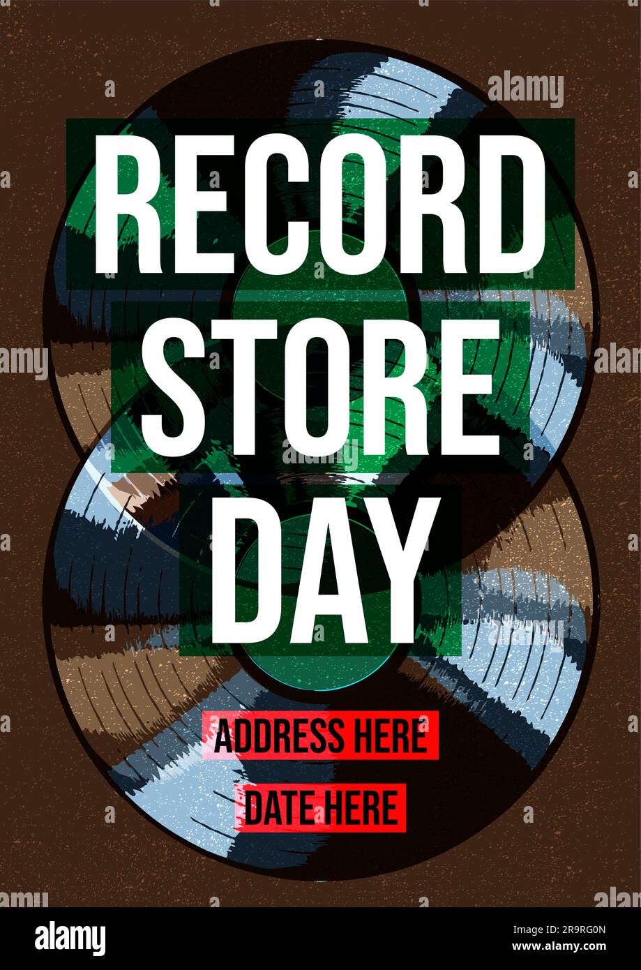 Plattenladen-Tag Gig – Flyer-Vorlage für Poster, T-Shirt-Design mit Schallplatten-Retro-Musik Stock Vektor