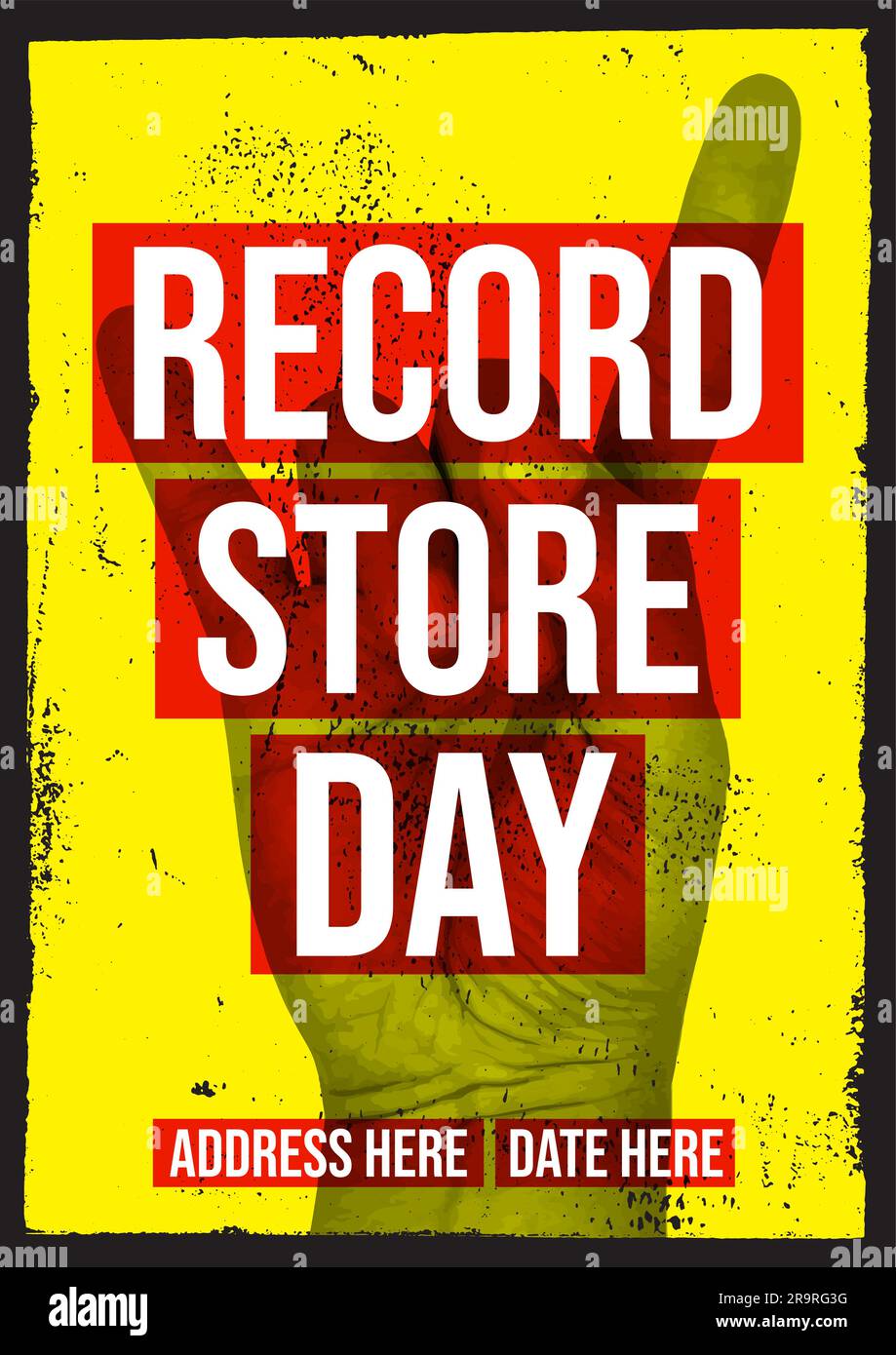 Plattenladen-Tag Gig – Flyer-Vorlage für Poster, T-Shirt-Design mit Schallplatten-Retro-Musik Stock Vektor