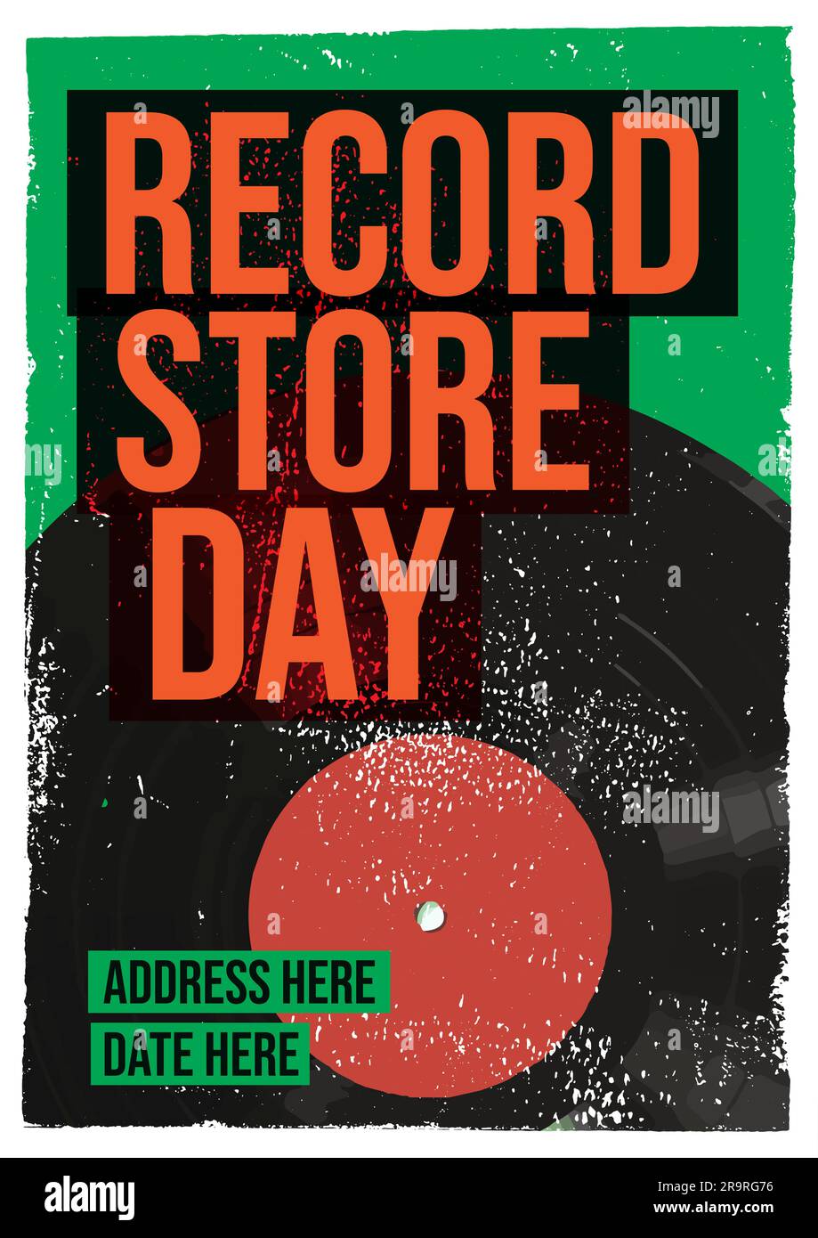 Plattenladen-Tag Gig – Flyer-Vorlage für Poster, T-Shirt-Design mit Schallplatten-Retro-Musik Stock Vektor