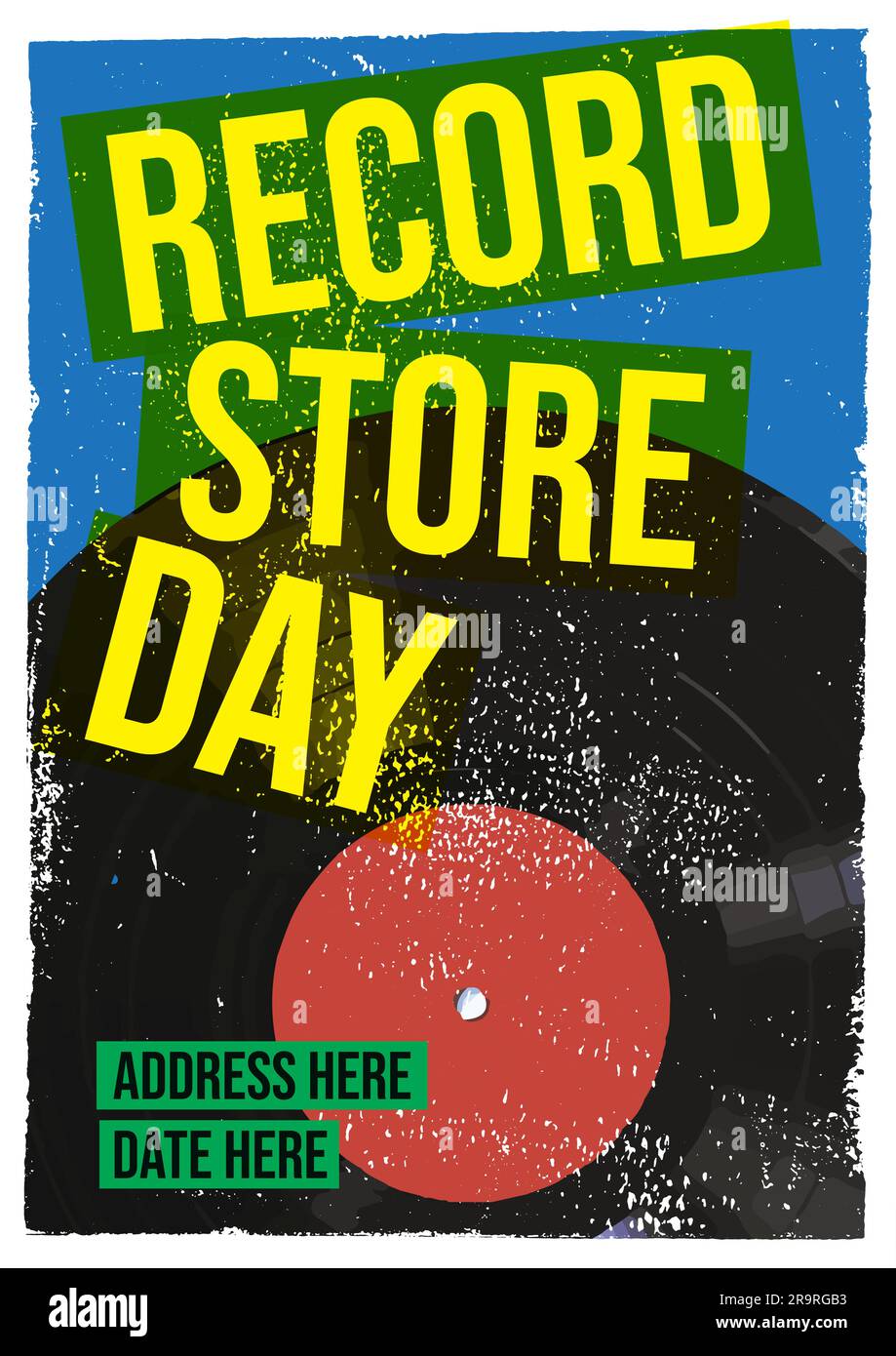 Plattenladen-Tag Gig – Flyer-Vorlage für Poster, T-Shirt-Design mit Schallplatten-Retro-Musik Stock Vektor