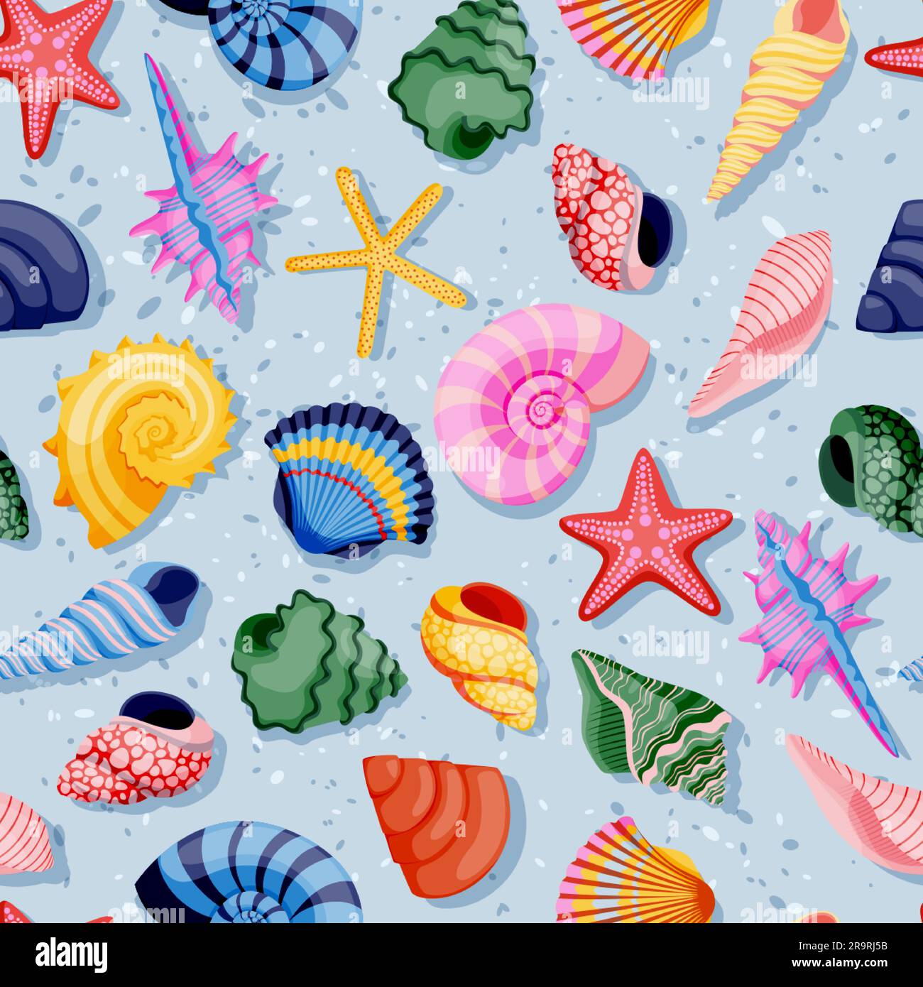 Muscheln auf blauem Wasserhintergrund. Farbenfrohes, nahtloses Muster für Sommerreisen. Vektorgrafik von Muscheln. Tropische Mode, Textil Stock Vektor