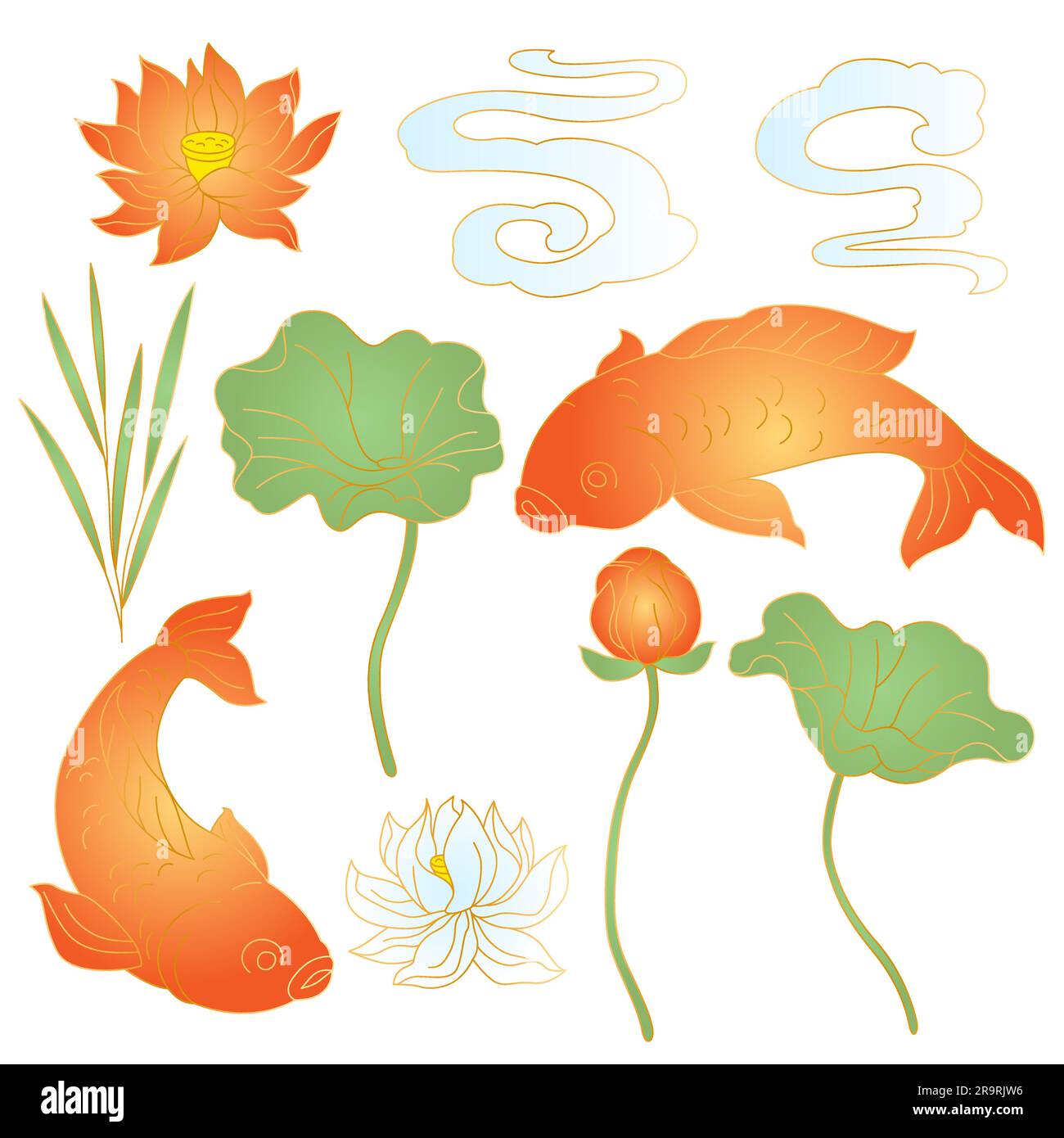 Orientalisches Fisch- und Lotusset. Traditionelle chinesische und japanische Illustration. Stock Vektor