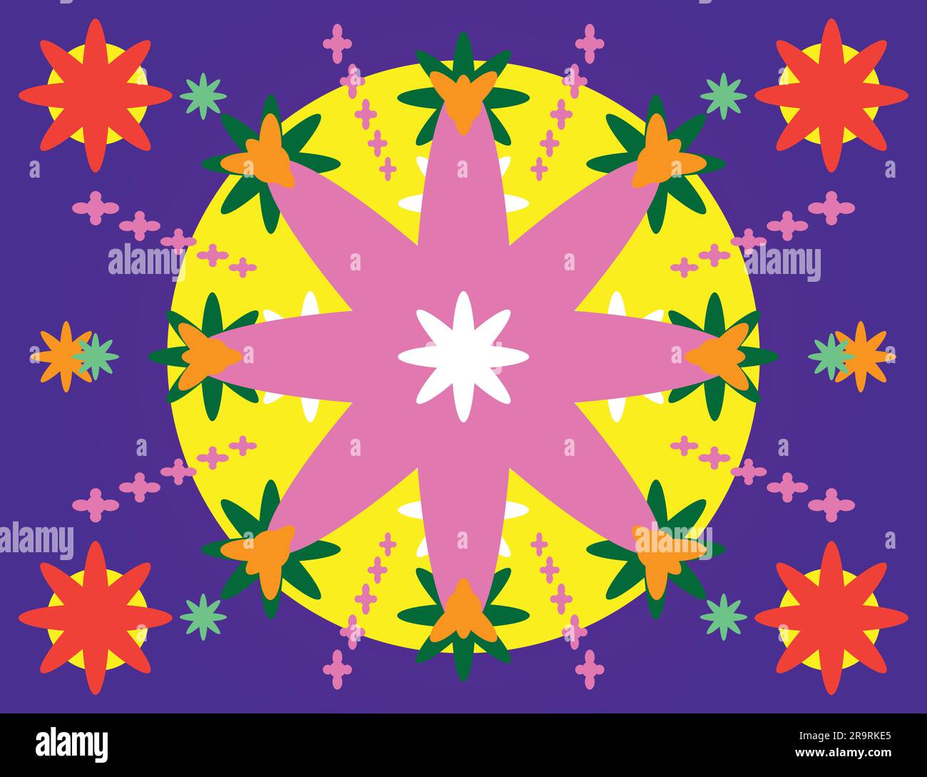 Hippie-Grafikelemente dekorativer Blumenblotter geometrisches Blumenmuster Ornamente trippy psychedelic 80s Lila Pink Gelb Rot, Corona Pop Symbol Symbol Stock Vektor