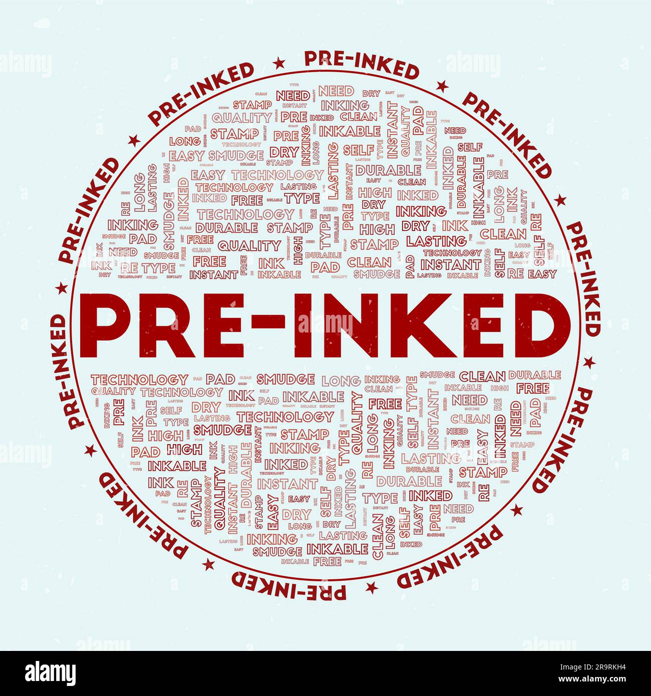 Vorgetönt – rundes Logo. Text mit Schlüsselwörtern Wortwolken und kreisförmigem Text vorgetönt. Cacodemon Red Farbmotiv und Grunge-Textur. Stock Vektor