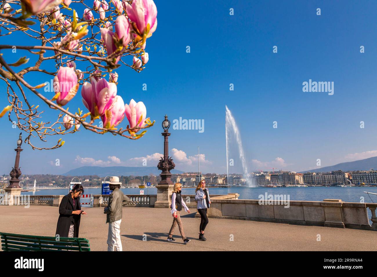 Genf, Schweiz - 25. März 2022: Malerischer Blick vom Genfer See an der Bucht von Genf, dem französischen Teil der Schweiz. Stockfoto